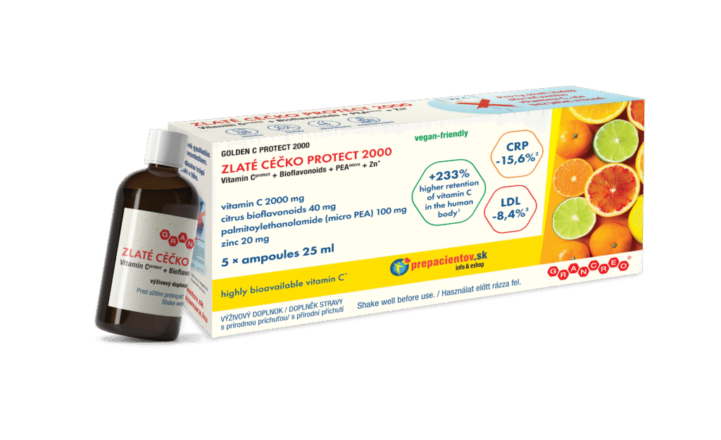 ZLATÉ CÉČKO PROTECT 2000 prináša vysokú dávku 100% prírodného vitamínu C v šetrnej pufrovanej forme, ktorá nezaťažuje žalúdok. Ide o praktický spôsob, ako telu dodať množstvo vitamínu C porovnateľné s dávkami, ktoré ľudia často vyhľadávajú v infúznych formách – no bez ihiel, bez ambulancie a bez nepríjemností. Stačí ho len vypiť.